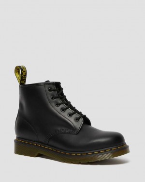 Dr Martens 101 Yellow Stitch Smooth Leather Women Lace Up Boots Black | 43RZLNEYU