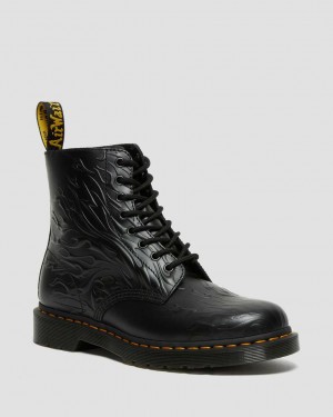 Dr Martens 1460 Flames Emboss Leather Women Lace Up Boots Black | 12XHRMUSN