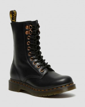 Dr Martens 1490 Rose Gold Hardware Leather Zip Up Women Boots Black | 98CTWKPEH