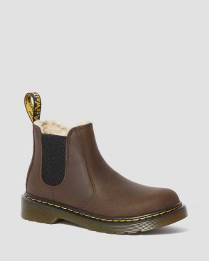 Dr Martens Junior 2976 Faux Fur Lined Kids' Chelsea Boots Dark Brown | 25WGCSPFQ