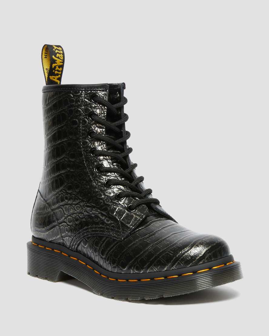 Dr Martens 1460 Croc Emboss Leather Women Lace Up Boots Gunmetal | 24NKPXRWV