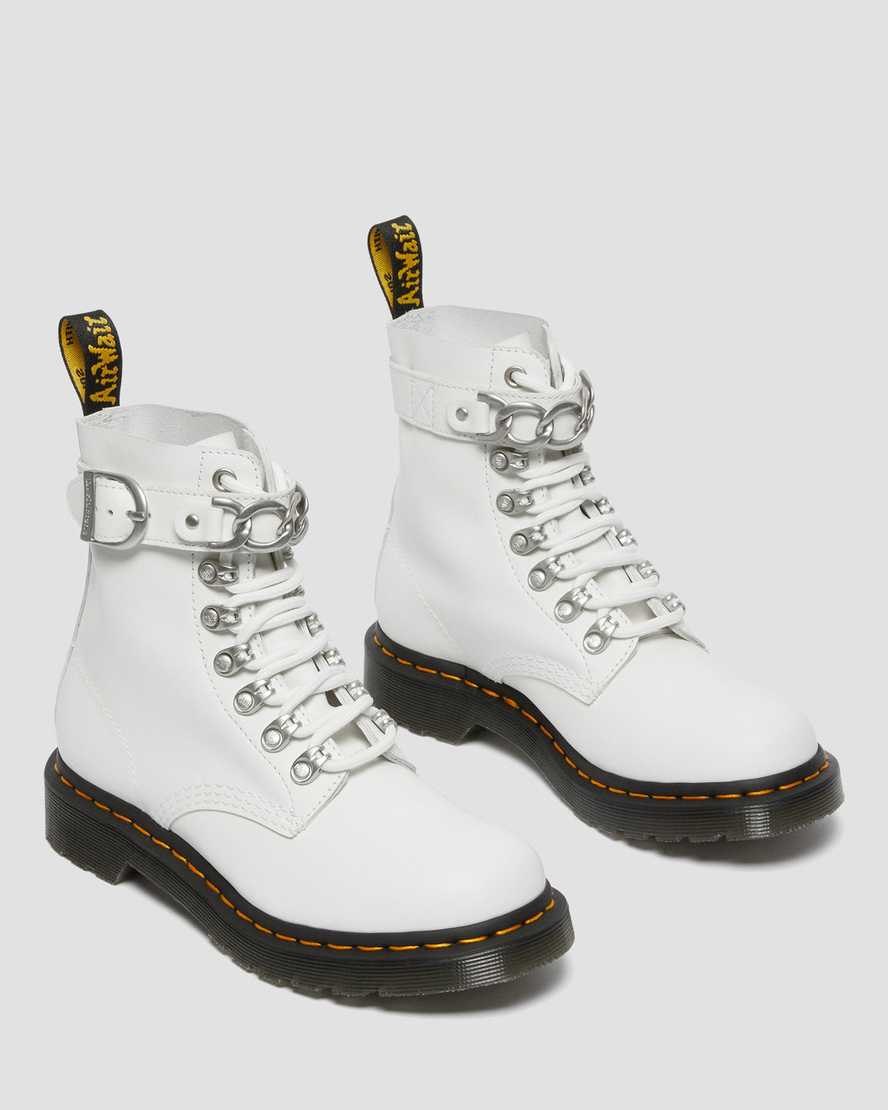 Dr Martens 1460 Pascal Chain Leather Women Lace Up Boots White | 68ERVIYNO