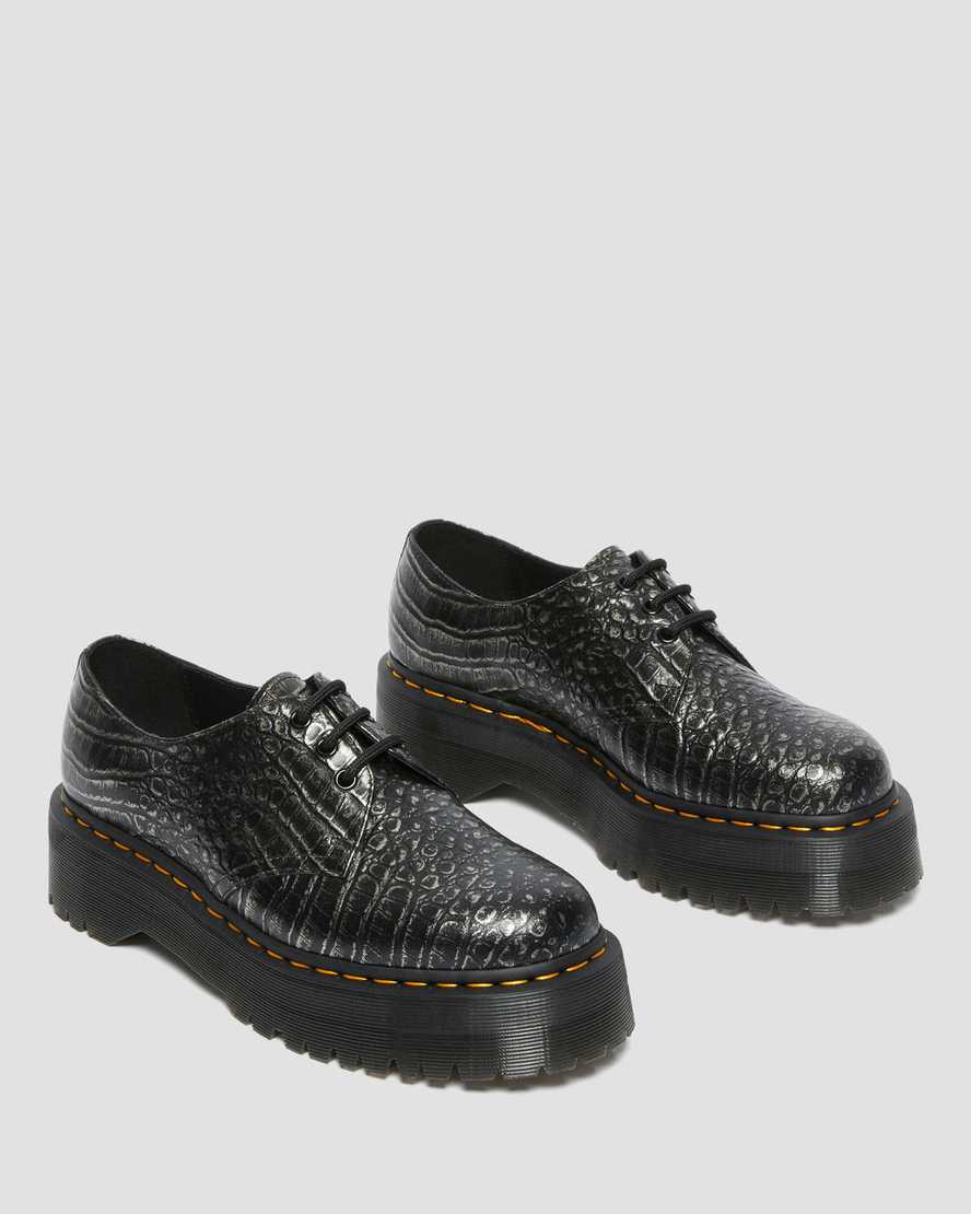 Dr Martens 1461 Croc Emboss Leather Women Platform Shoes Gunmetal | 98MARZEIT