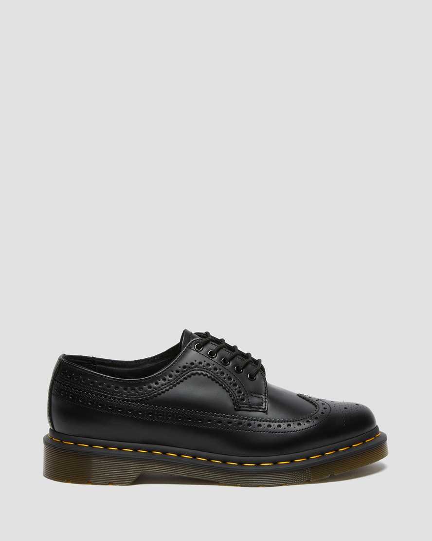 Dr Martens 3989 Yellow Stitch Smooth Leather Women Brogues Black | 53JPSBRVC