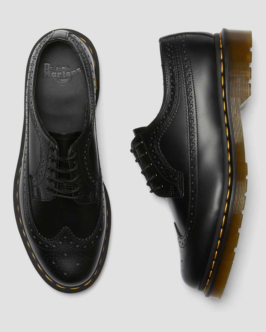 Dr Martens 3989 Yellow Stitch Smooth Leather Women Brogues Black | 53JPSBRVC