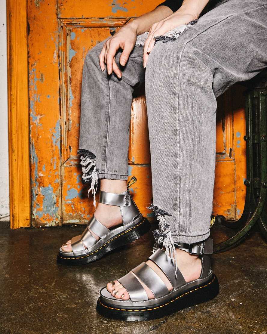 Dr Martens Clarissa II Metallic Leather Women Sandals Silver | 52QUNSMDZ