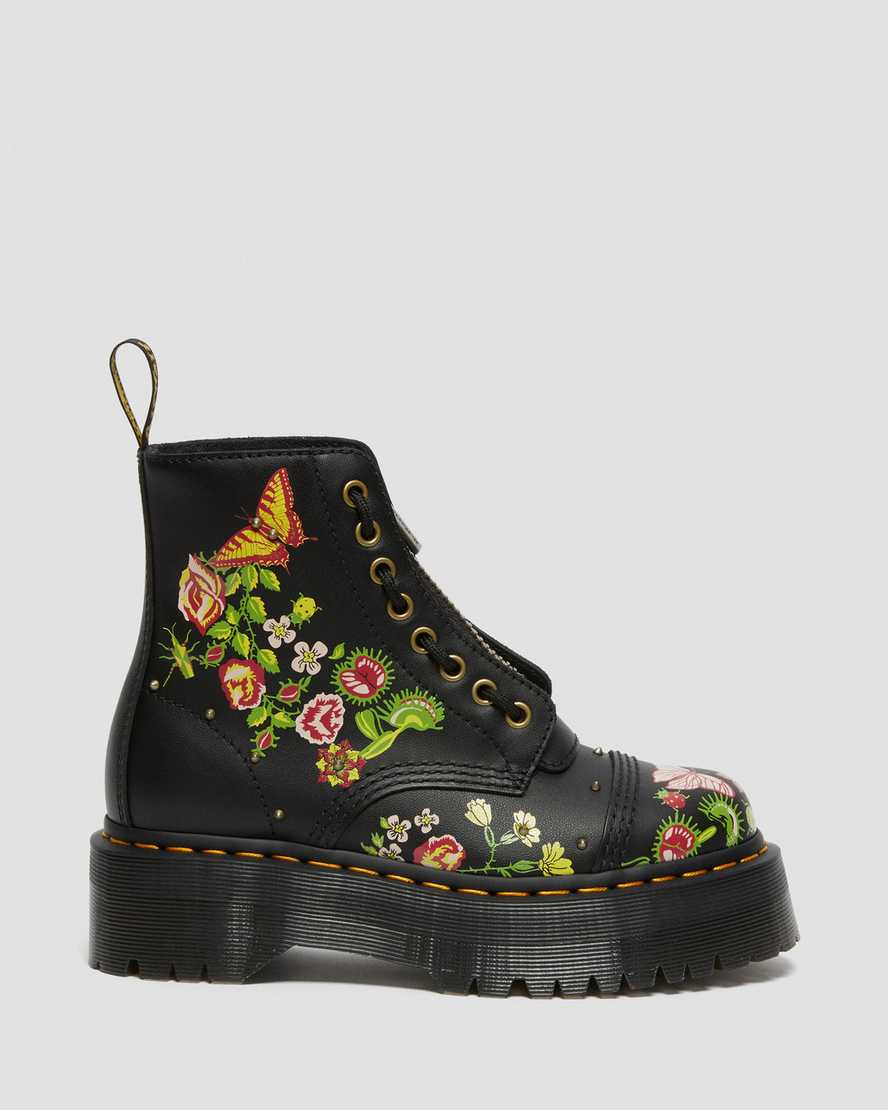 Dr Martens Sinclair Floral Bloom Leather Zip Up Women Boots Black | 06MCAJFXH