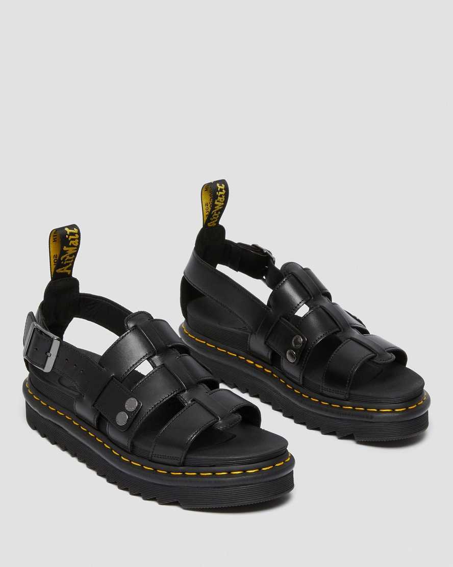 Dr Martens Terry Leather Women Strap Sandals Black | 68PMLXYRF